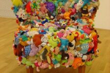 a creative and colorful chair composed of plush toys will be a gorgeous idea for a kids’ room or a space where youw ant something whimsical