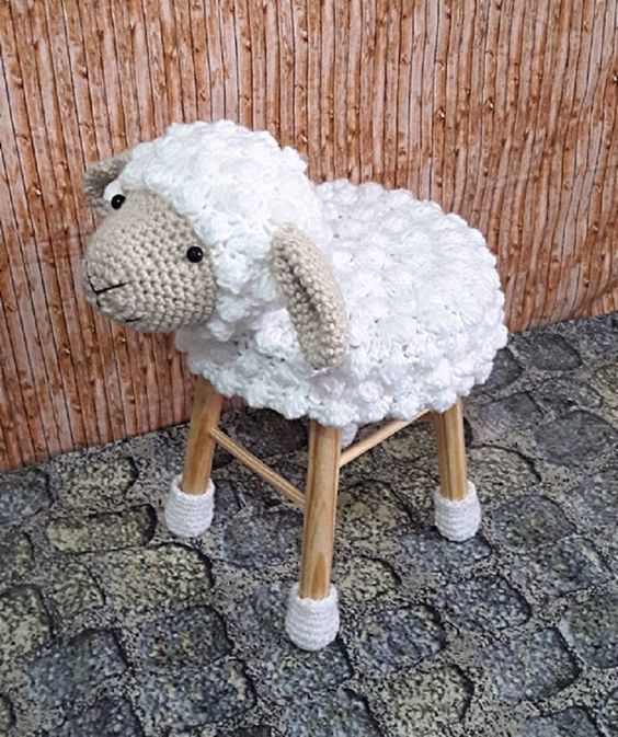 a fun sheep-shaped crochet cover for a stool will make your kids very happy