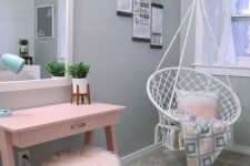 a fuzzy pink stool with hairpin legs will be a nice addition to a makeup nook or kitchen, for example