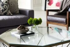 a geometric coffee table with a metal base and a geo glass tabletop will add a modern feel, and geo decor is very popular