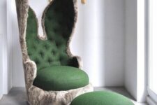 a green and grey faux fur chair reminding of a rabbit, with a matching ottoman is a super cool and fun idea