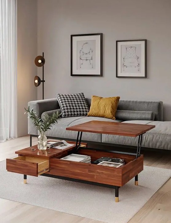 A stylish and functional mid century modern coffee table with a drawer and a hidden compartment with a rising tabletop is cool