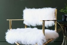 a stylish shiny gold chair with white faux fur is a cool glam piece to complete your space and make it refined