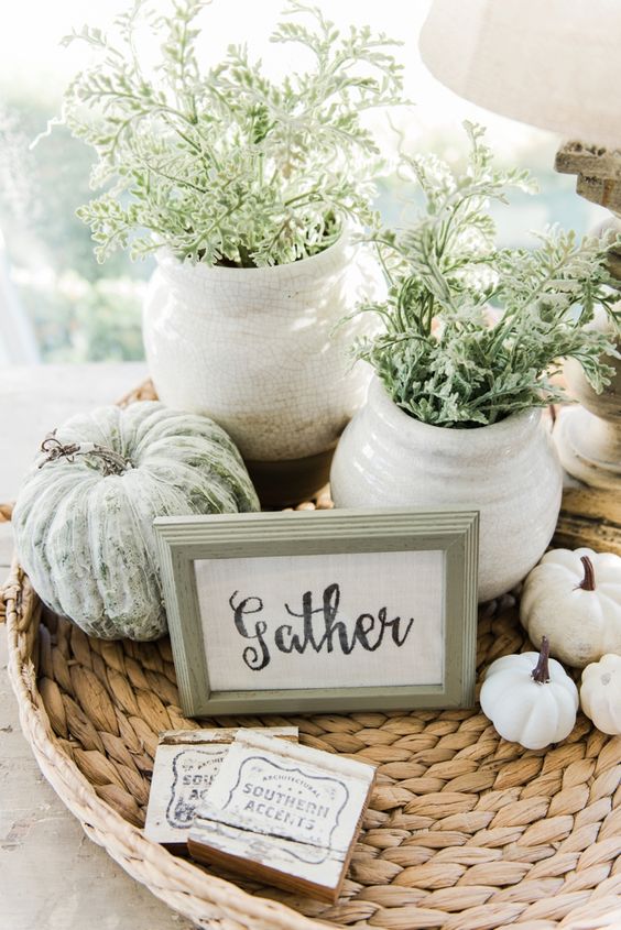 a woven tray with white and green pumpkins, a sign, potted greenery for famrhouse coffee table decor