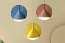 colorful felt pendant lamps with circles and cone-shaped bulbs are amazing to spruce up a modern space
