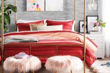 light pink faux fur stools with gold legs are a cute and romantic addition to a bedroom and they bring a bit of color