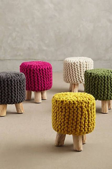 mini stools with colorful knit covers look fun and cool and cozy up any space adding color to it