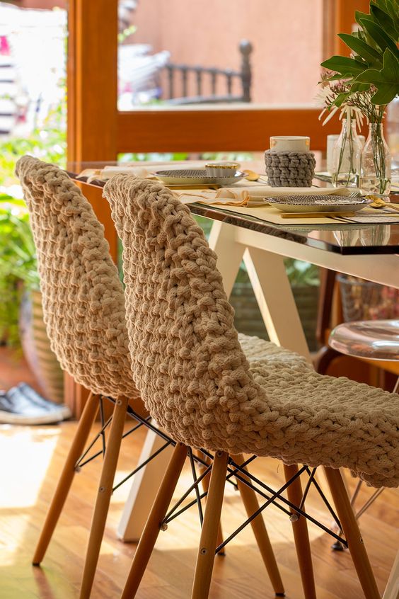 standard chairs covered with white crochet are very comfortable and you may add matching cozies to the mugs, too