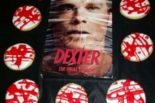 Dexter-themed sweets serving with his photo and bloody cookies is bold and cool idea for your Halloween party