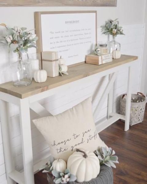 cozy white Thanksgiving decor with pumpkins, cotton and pale greenery is beautiful and chic