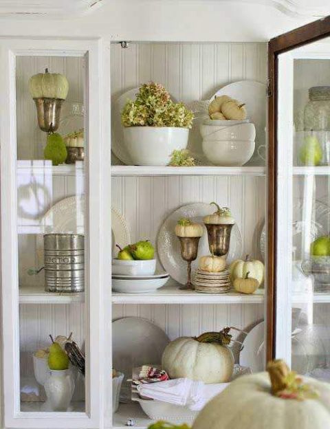 green pears, apples and white pumpkins for decorating your space for Thanksgiving in rustic and vintage style