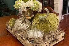 green velvet pumpkins and mercury glass ones in a wooden tray with hay for a lovely Thanksgiving centerpiece