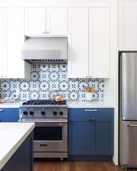 A fab two tone kitchen with white and navy cabinets and bold blue Moroccan tiles on the backsplash is a fantastic idea