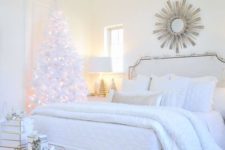 a neutral Christmas space with a pre-lit pure white Christmas tree and mini Christmas trees with a sparkle