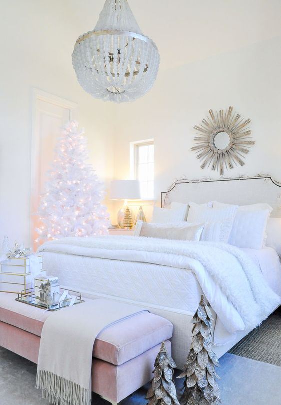 A neutral Christmas space with a pre lit pure white Christmas tree and mini Christmas trees with a sparkle