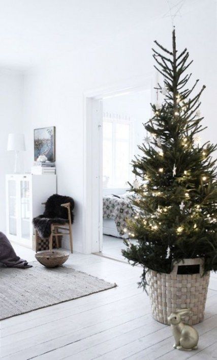 a non-decorated Christmas tree in a basket with lights is a very minimalist and stylish idea to go for