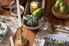 green pears, air plants and candles for creating a modern and chic Thanksgiving tablescape