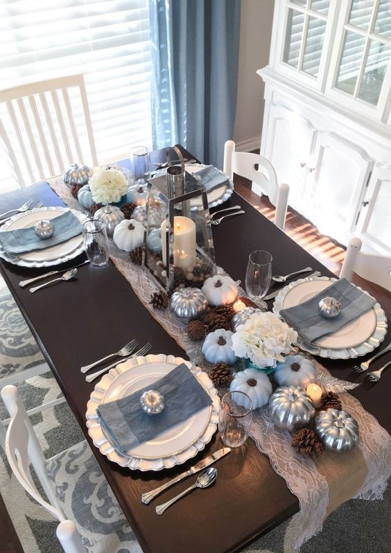 slate blue grey napkins, light blue pumpkins paired with white, brown and silver make up a unique combo