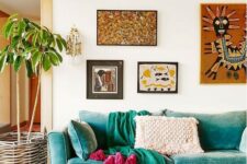 a bold turquoise sofa to make a statement in a neutral living room