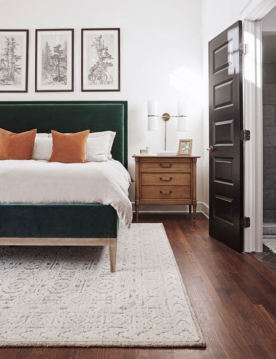 a hunter green velvet bed will make a statement with its color, style and chic to your space