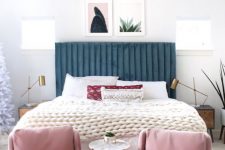 a navy velvet bed with a ribbed headboard will bring color, texture and a cool feel to the space