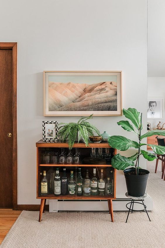 A small mid century modern cabinet as a home bar, with glasses and bottles and plants around is a cool idea for a modern space