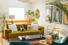 a vibrant living room in bold colors, with a mustard sofa, navy chairs, a bold abstract rug, potted plants and a cool bar cart