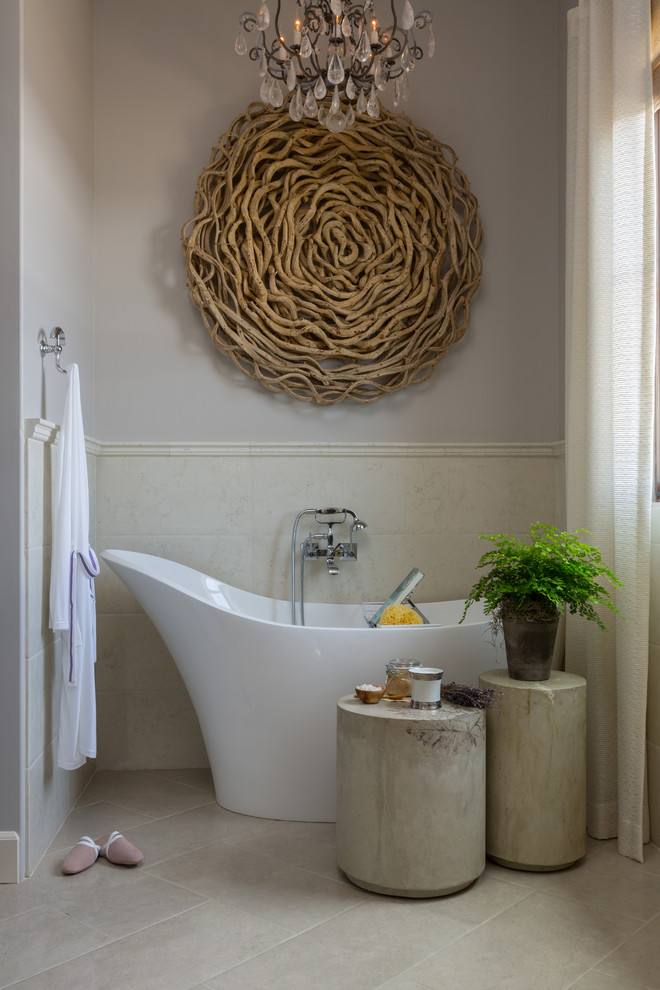 a gorgeous oversized round artwork made of driftwood is a unique idea for a bathroom  (Cindy Smetana Interiors)