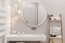 minimalist bathroom design with hexagon tiles on walls