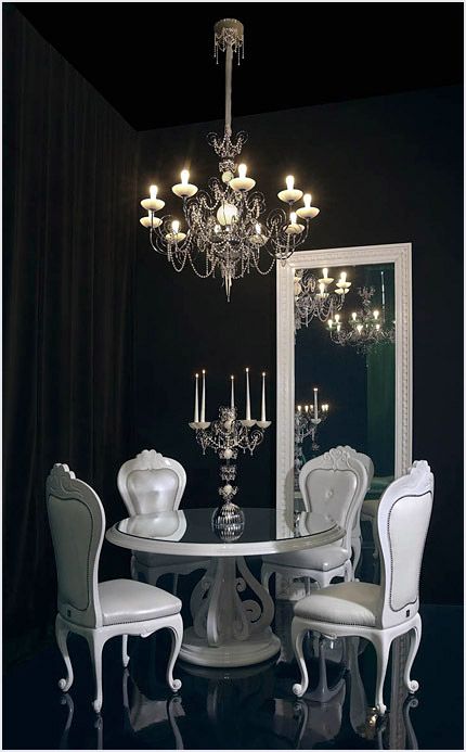 a unique Gothic dining room with black walls, a floor and a ceiling, black curtains, a round table, refined white chairs, a mirror and a chandelier