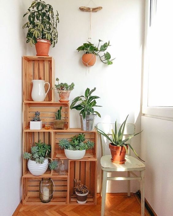 Crates with potted greenery are a nice idea for lacony decor   though you may store anything you want there