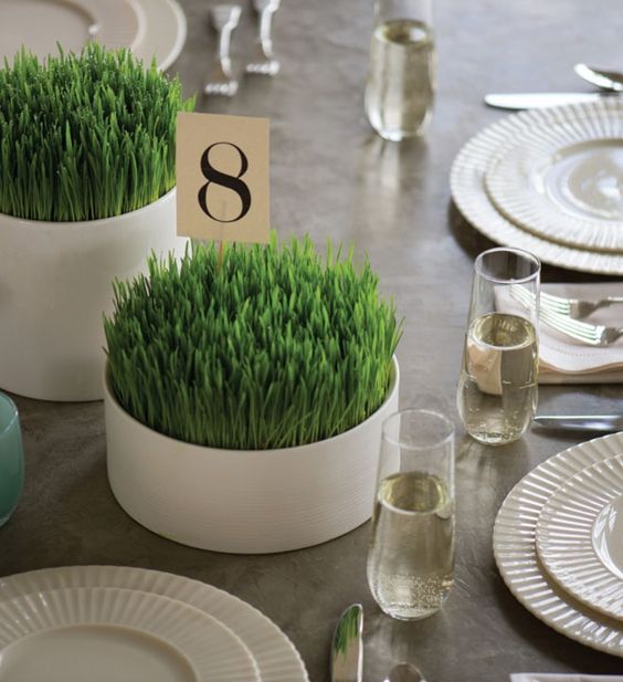 simple and laconic round planters with wheatgrass are lovely and very easy spring centerpieces for any event