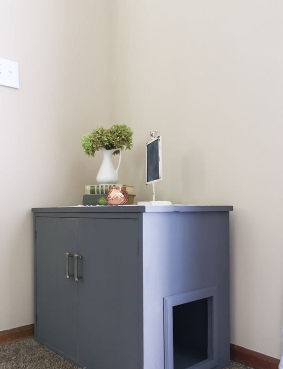 a blue cabinet renovated for a cat, with an entrance and doors for comfortable cleaning can double as a side table