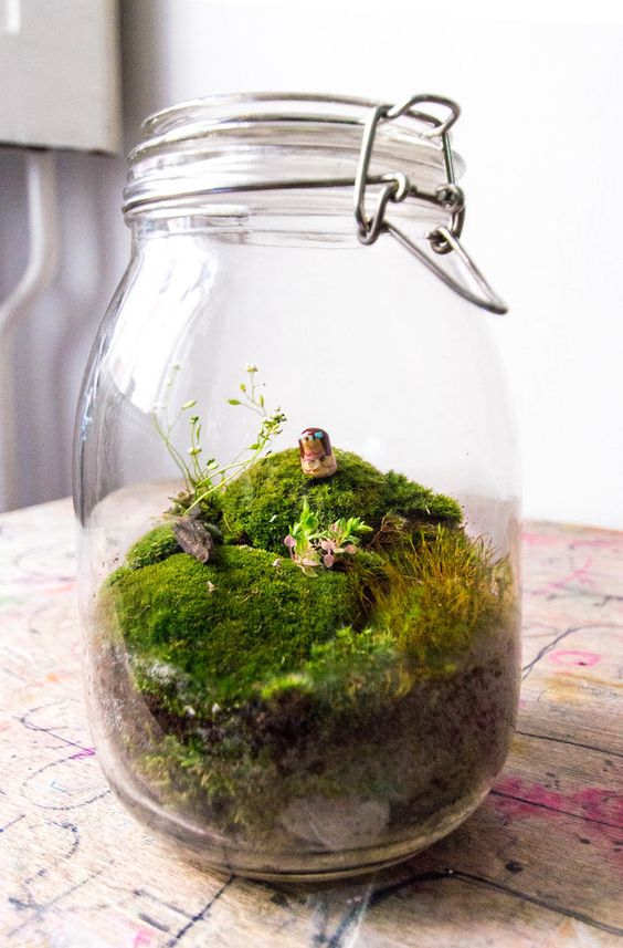 a jar with moss and some grass and a mini doll is acute and fun idea for any season
