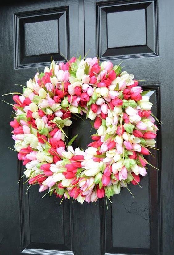 a lush and bright faux tulip wreath is an ultimate decoration for spring and Easter, and it's very long-lasting