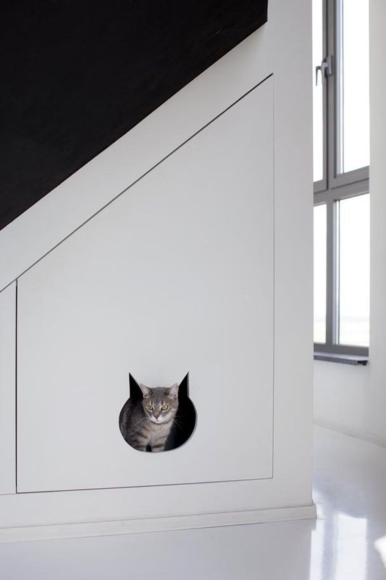 A staircase with a built in cat toilet   it's a large sleek drawer with a cat head entrance is perfect for a minimalist space