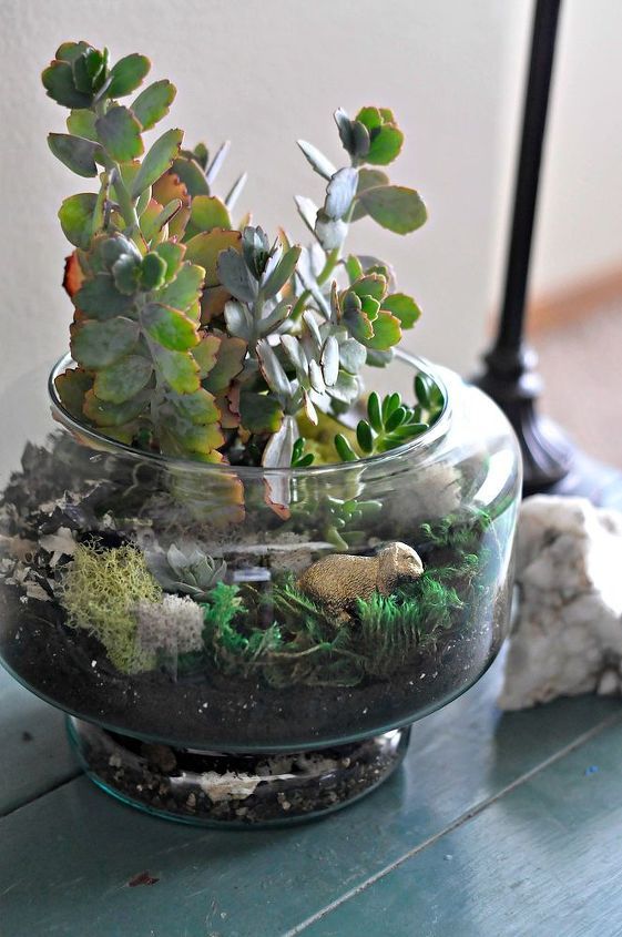 a terrarium with grass, moss, pebbles, succulents and a mini rabbit is a pretty idea for a spring-inspired space