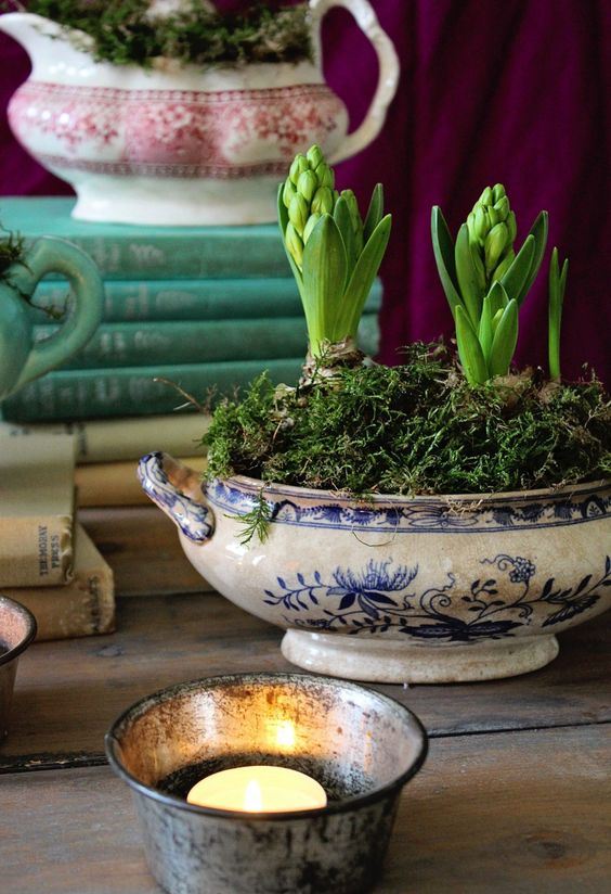a vintage soup bowl with moss and hyacinths is a lovely vintage spring centerpiece or decoration to rock