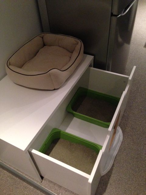 an IKEA Stuva cat toilet for two kitties is easy to clean and is comfy in using by any cat any time