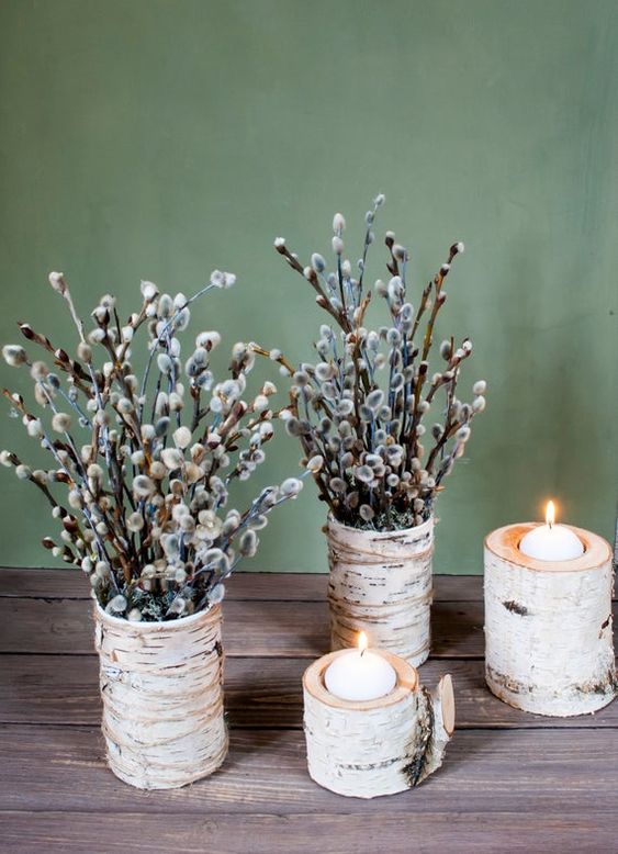 birch bark vases with willow and birch branch candleholders will bring a natural spring fele to your space