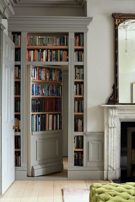 built-in bookshelves and a secret door to your bedroom, bathroom or some other space