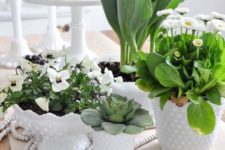 potted greenery, blooms and succulents in white porcelain will make your tablescape look bold, fresh and spring-like