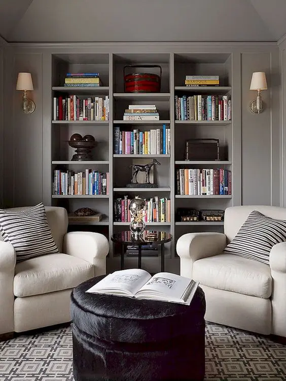 Stylish built in grey bookshelves are nice for integrating them into your living room or some other room
