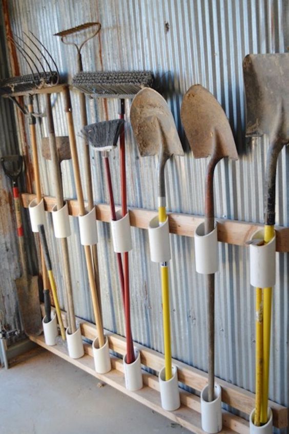use PVC to organize your garden tools and other tools that you may use