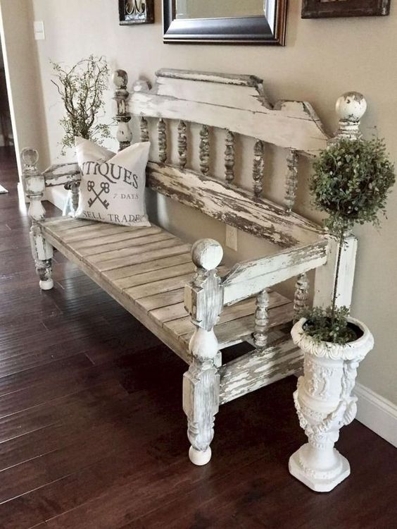 a vintage whitewashed and distressed bench is a refined and decadent solution for a vintage or shabby chic entryway or for a porch