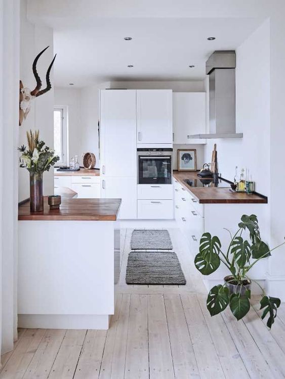 a white kitchen with a whitewashed floor, white cabinets with butcherblock countertops and potted greenery