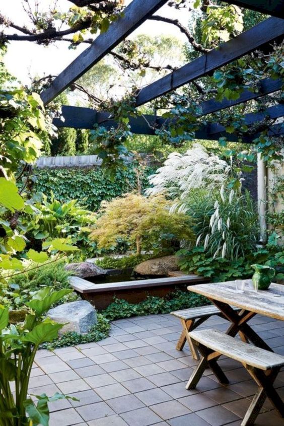 a beautiful townhouse garden with planted greenery, lush and textural herbs, a pond, tiles and a wooden dining set