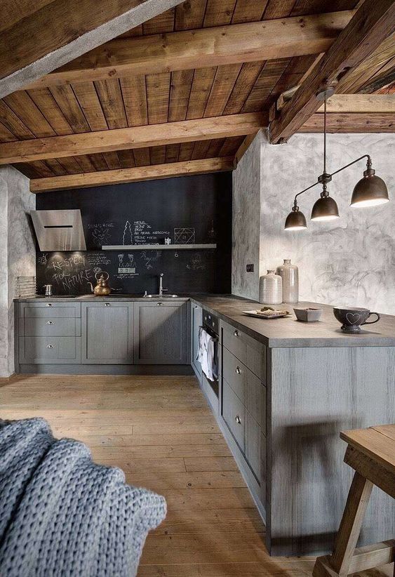 a contemporary chalet kitchen with ashy grey cabinets, a chalkboard wall, a wooden ceiling with beams