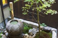 a lovely mini garden with pebbles, rocks, a stone bowl and a single small tree plus bamboo will refresh your backyard or courtyard