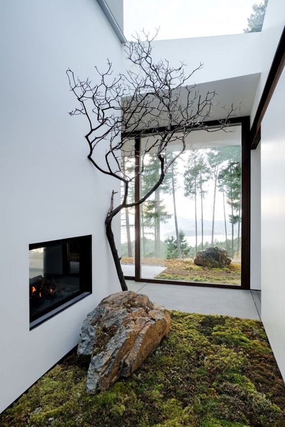 a mini Japanese courtyard with moss, a large rock and a single tree plus a built-in fireplace and a skylight